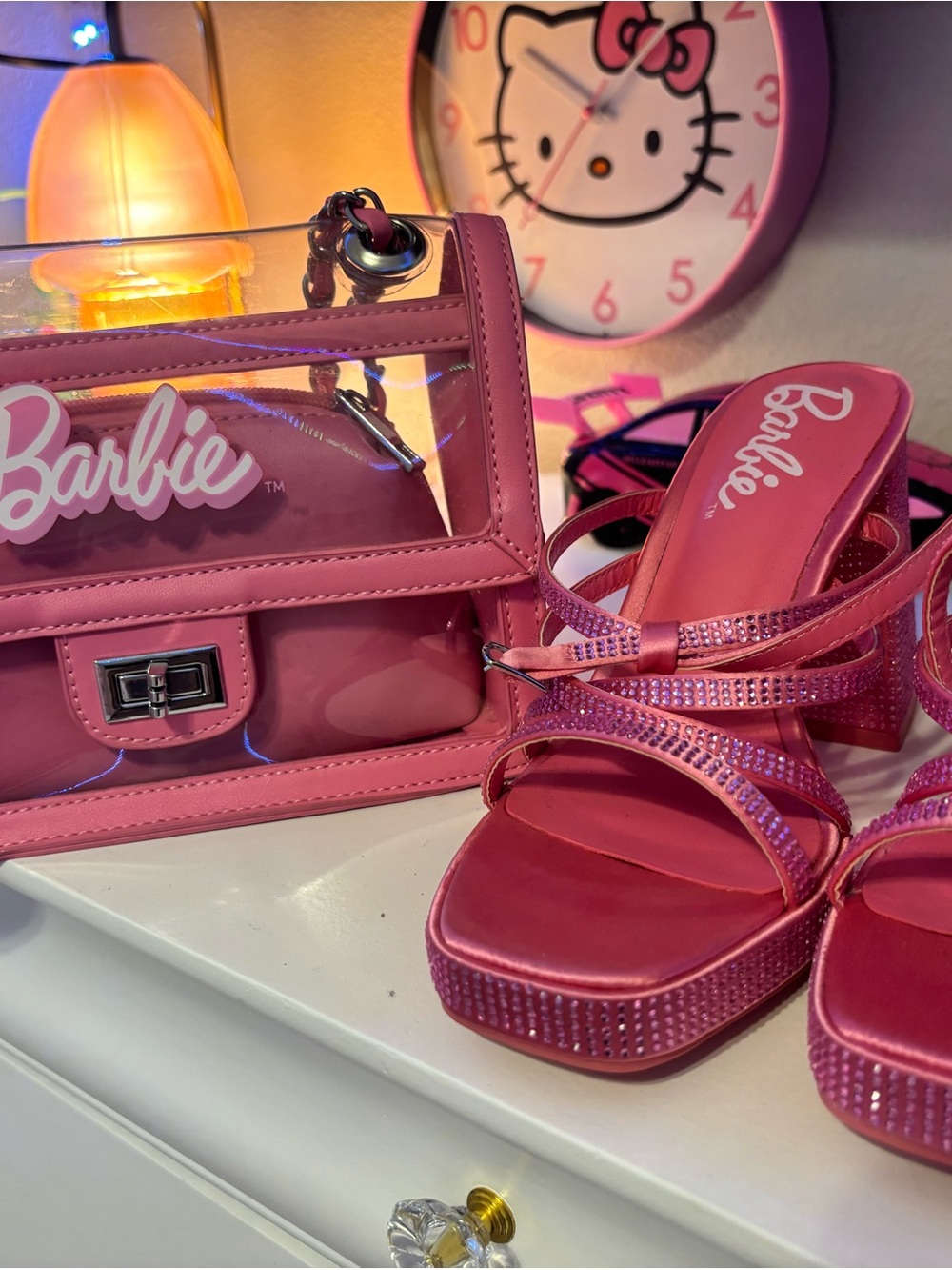 Barbie Hot Pink Rhinestone Platform Heeled Sandals and bag